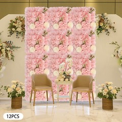 3D Flower Wall Panel-12pcs Artificial Flower Wall Background Silk Rose Wedding