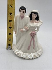 Vtg 1950’s Wedding Cake Topper 7” Bride & Groom Ceramic Iridescent Dress Pink