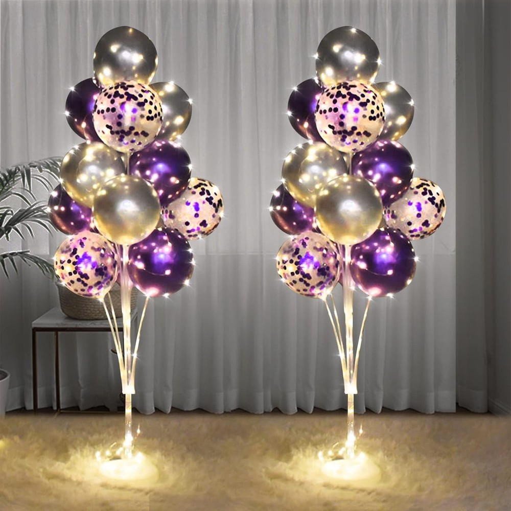 2 Set Floor Balloon Stand Kit with String Light Small, Medium, Purple