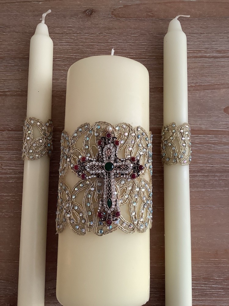 Ivory Wedding Unity Candle Set 3pc w/ 2 Taper Candles & Rhinestone Cross Wrap