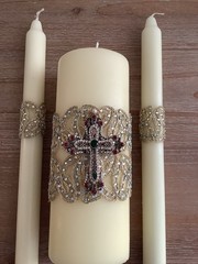 Ivory Wedding Unity Candle Set 3pc w/ 2 Taper Candles & Rhinestone Cross Wrap