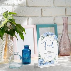 Blue Hydrangea Acrylic Wedding Sign, Bridal Shower Table Decorations, Food