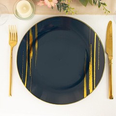 NAVY BLUE GOLD 10 Round 10″ Plastic Salad DINNER PLATES Metallic Prints Party