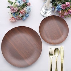 6 Brown 8″ Round Wood Grain Design Heavy Duty Plastic Plates Party Decorations