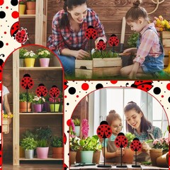 Menkxi 3 Pcs Ladybug Decor Set Table Spring Wooden Tabletop Brown