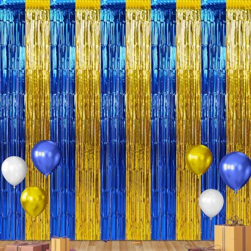 3 Pack 3.3Ft x 6.6Ft Graduation Foil Fringe Curtain Backdrop Blue Gold