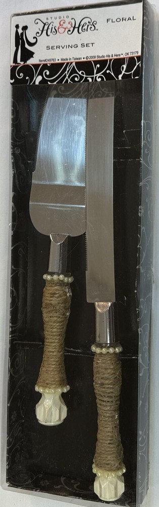 Studio His & Hers Wedding Cake Serving Utensil Set Stainless Steel w/Pearls NEW!