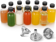 12 Pack 2oz Clear Glass Bottles w Lids & 3 Funnels 60ml Boston Round Travel Jars