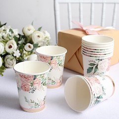 24 WHITE 9 oz Pink Peony Flower Design PAPER CUPS Party Events Home Decorations