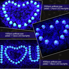 1000Pcs Blue Artificial Rose Petals with 12Pcs Blue LED Tea Lights Kit, for Déco