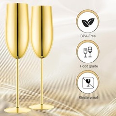 Stainless Steel Champagne Flutes Set of 2-Unbreakable Metal Long Stem Gold