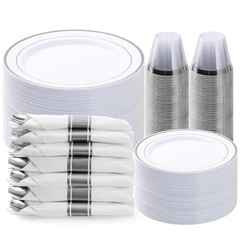 350PCS Plastic Dinnerware Set, Disposable Party Plates for 50 Guests Silver