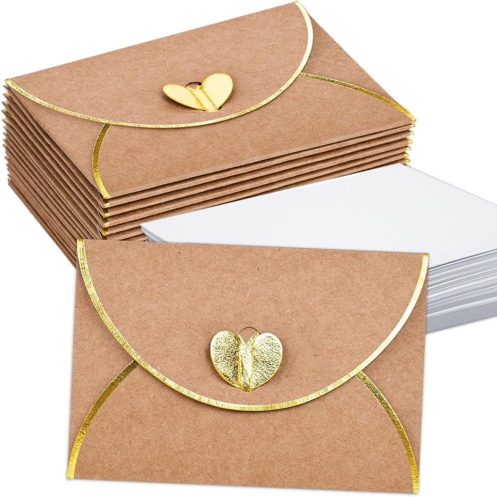 30 Pcs Mini Envelopes With Gold Heart Shaped Clasp, 25*15CM, Kraft