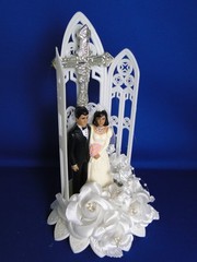 New Vintage Dark skin Bride & Groom chapel arch/cross Wedding Cake Top, # 298