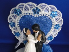 New Medium Dark skin Bride & Groom Wedding CakeTop, blue decor & heart, #336
