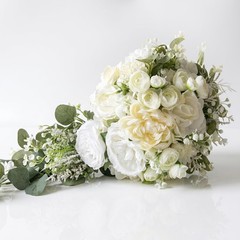 10″ White Rose Cascading Bridal Bouquet – Artificial Silk Wedding Flowers, Boho