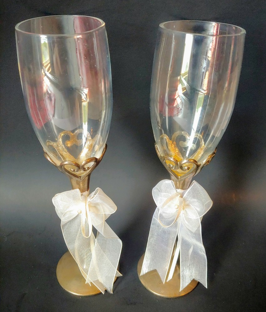 Vtg Champagne Flute Goblet Crystal Glass Wedding Toast Metal Cased Stem Barware