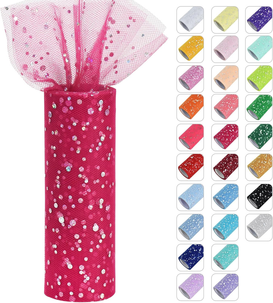 Rose Red Glitter Tulle Rolls 6 Inch by 10 Yards Sequin Tulle Fabric Ribbon for D