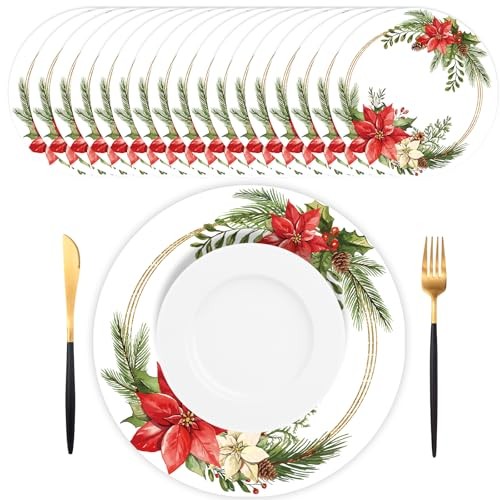 50 Pcs Christmas Paper Placemats Disposable Christmas Poinsettia & Pine Wreath