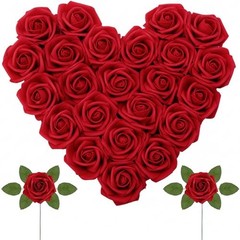 Artificial Flowers Pcs Foam Real Looking Roses with Stems, Fake 25 Dark Red