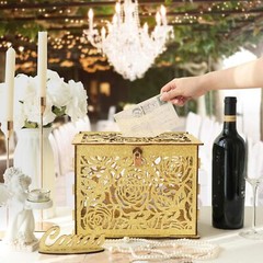 Glittery Gold Wedding Card Box with Lock Wooden Gift Card Box for Wedding Rec…