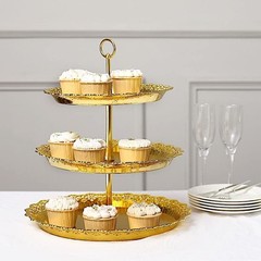15 in Metallic Gold 3 Tier Plastic Cupcake Stand Round Dessert 15″,