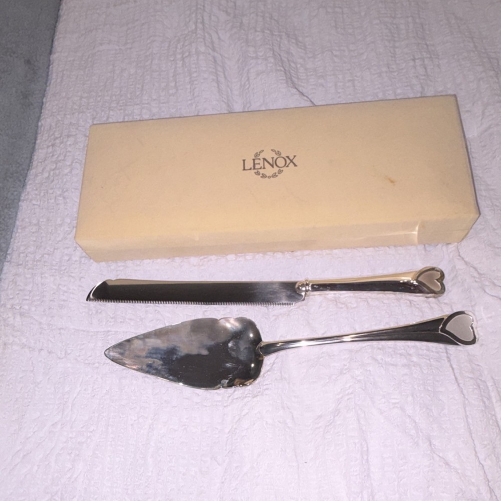 Lenox Wedding Cake Knife & Server Set, Silver Tone Glossy Metal, 2pc