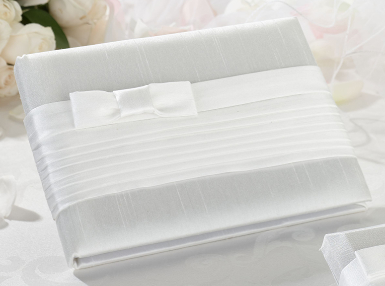 Elegant Wedding Guest Book and Pen Set – Pleated Satin – White or Taupe