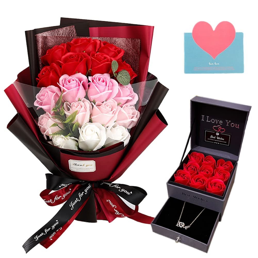 EIGHTOWN Roses Bouquet Artificial Flower – Preserved Red ZJ2209, Pink and