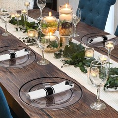 350 Piece Plastic Dinnerware Set for Party, Clear 350 Piece (50 guests) Black