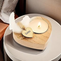Handmade Heart-Shaped Wooden Candle Holder with White Feather， Natural Soy Wax