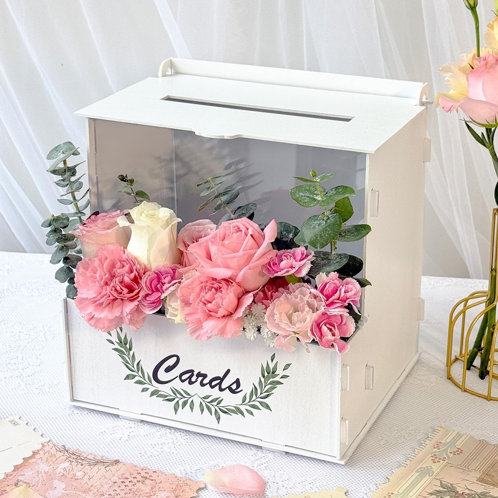 Wooden Wedding Card Box with Flower Trough, White Gift Card Box for Wedding w…