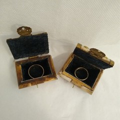 Vintage Wedding Ring Box Pair Carved Bovine Ox Bone Brass Trinket Chest Set 2pc