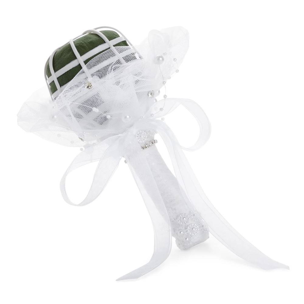 Elegant Wedding Bouquet Holder – 3×7 in Foam with White Lace & Rhinestones for B