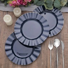 10 NAVY BLUE 9″ Round PLASTIC Salad Dinner PLATES Gold Wavy Rim Wedding Party