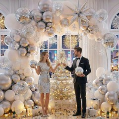 Disco Party Balloon Garland Arch Kit 134 Pcs Metallic Silver Matte White Conf…