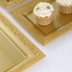 Gold 4 Plastic 14″ Rectangle Serving Trays Lace Print Rim Design Party Events