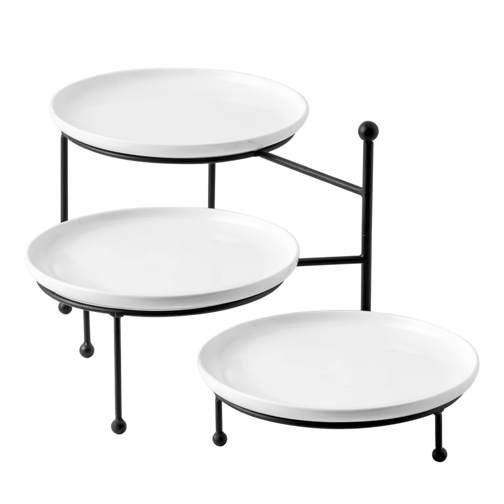 Kanwone 3 Tiered Serving Stand with White Porcelain 10 Inch, and Black