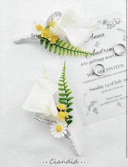 2PCS Candid Lily Boutonniere for Men Wedding Bridegroom & Best Men White Flowers