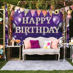 Large Happy Birthday Backdrop Banner Purple Theme Decor With Shiny Diamond No…