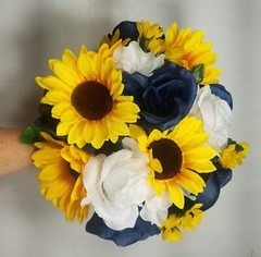 Navy Blue White Rose Sunflower Bridal Wedding Bouquet Accessories