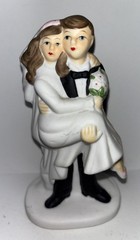 Bride & Groom Ceramic Wedding Cake Topper 5” Carrying Threshold Vintage