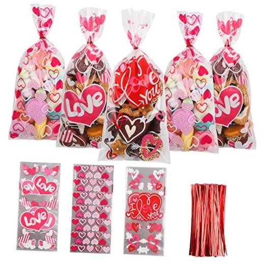 Valentine Cellophane Candy Bags,150 Pcs Treat Bags Heart and Love Shape