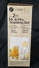 Libbey Mr & Mrs Toasting Set of 2 Glass Mug 16oz Flute 7.25oz w Box Wedding Gift