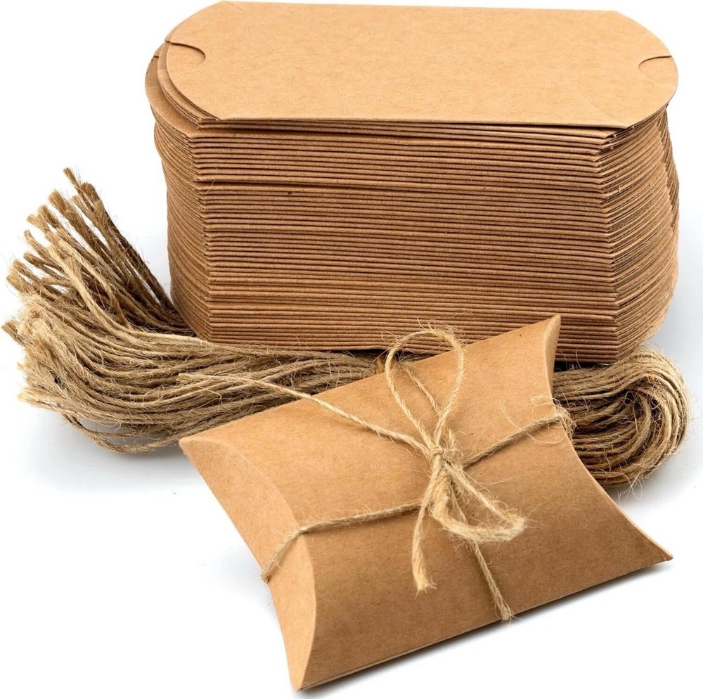 50Pcs Small Kraft Paper Pillow Gift Boxes w/ Twine for Jewelry Candy Party Favor