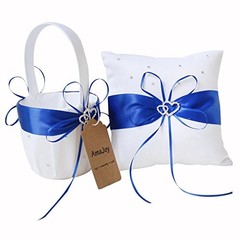 2pcs Wedding Set White Satin and Royal Blue Flower Girl Basket and Ring Pillow