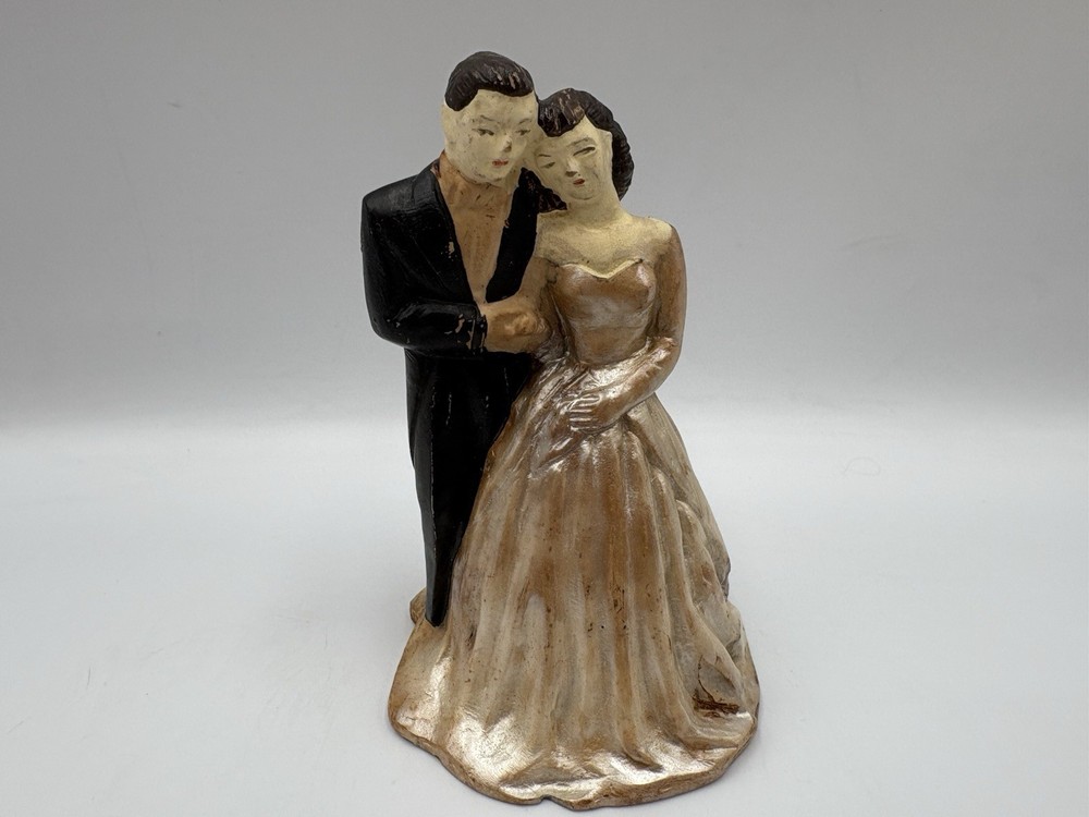 Vintage 1950s Chalkware Wedding Cake Topper Black Brown Hair Off white Dress