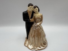Vintage 1950s Chalkware Wedding Cake Topper Black Brown Hair Off white Dress