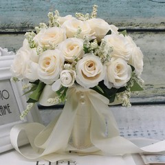 White Silk Rose Bridal Bouquet Handmade Artificial Wedding Flowers Bride Decor