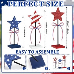 3PC Wooden Star Table Decor Set Patriotic Red White Blue Shiny Independence Day